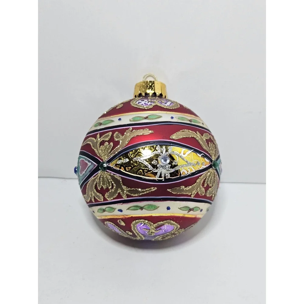 Set of 2 Polish Blown Glass Christmas Ornaments Red Ball Purple Bell Glitter Vtg